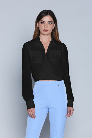 ERLA blouse, short, long sleeves, crossover neckline with fringes and pockets 