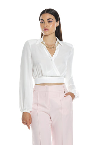 ALCYONE blouse with long sleeves, crisscross neckline and chain necklace and bow on the back
