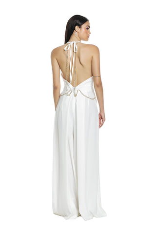 GOLDENA jumpsuit, low-cut top, low crotch, wide leg and chain