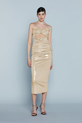 Abito TROPICA Midi Fascia Cut-Out con Arricci più Nodo Spalmato Lurex