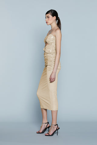 Abito TROPICA Midi Fascia Cut-Out con Arricci più Nodo Spalmato Lurex