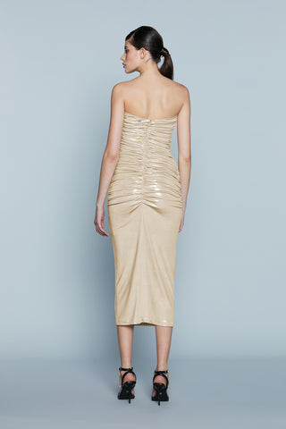Abito TROPICA Midi Fascia Cut-Out con Arricci più Nodo Spalmato Lurex