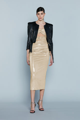 Abito TROPICA Midi Fascia Cut-Out con Arricci più Nodo Spalmato Lurex