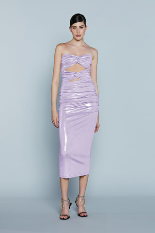 Abito TROPICA Midi Fascia Cut-Out con Arricci più Nodo Spalmato Lurex