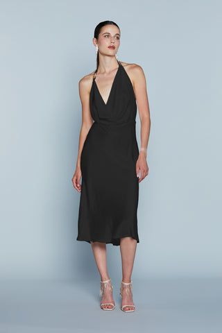 Abito ALCORN Midi  Svasato Scollato Dietro con Passante Logo Strass