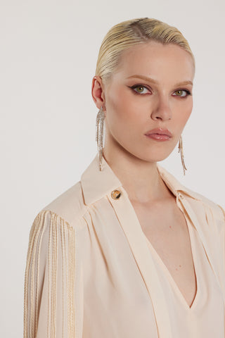 Blusa FLAPS scollo a V maniche lunghe più fusciacca più frange