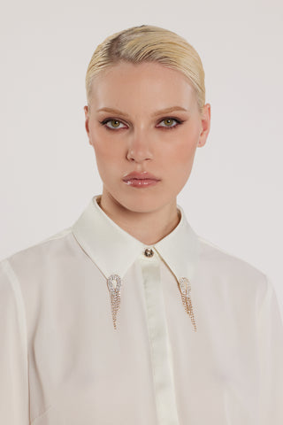 Camicia GHINI maniche lunghe con inserti in raso più spille gioiello