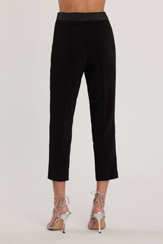 Pantalone NANTES_C vita alta con tasche Capri baschina in raso