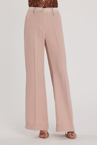 Pantalone PIOLON vita alta palazzo con risvolto più bustino e inserti in raso