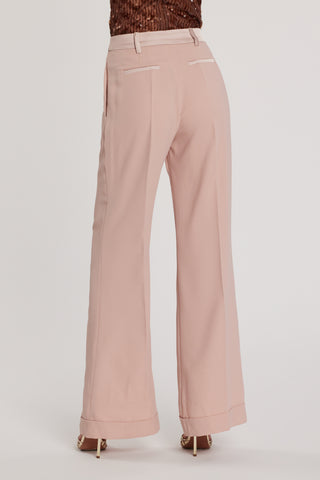 Pantalone PIOLON vita alta palazzo con risvolto più bustino e inserti in raso