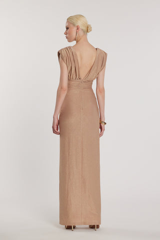 Abito FERRARI senza maniche doppio scollo a V lungo con accessorio davanti più arricciatura lurex