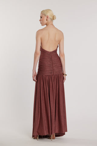 Abito GARKO lungo scollo a V profondo più spacco più arricciatura più accessorio collana lurex