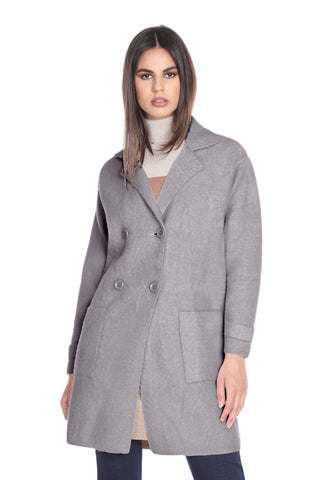 ANNOU double-breasted long-sleeved coat with fur yarn patch pockets