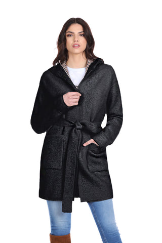 WILURDS coat with hood plus belt plus pockets. Fur yarn patch