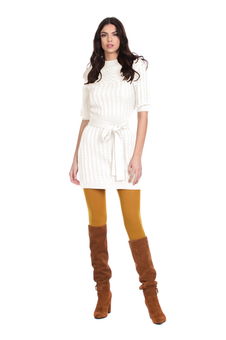 NYLUFERS short 3/4 sleeve high neck dress with belt plus jacquard braids and diamonds