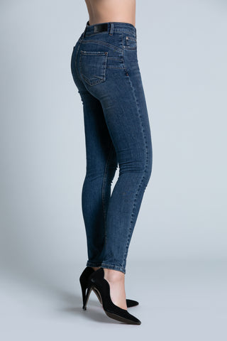 Jeans FLOORA_A push-up 5 ts con ricamo logo più abrasioni medium blue denim