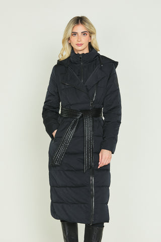 SACHIKO long-sleeved down jacket with hood plus zip and eco-leather belt