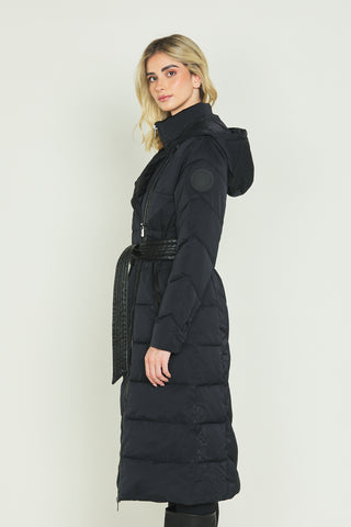 SACHIKO long-sleeved down jacket with hood plus zip and eco-leather belt