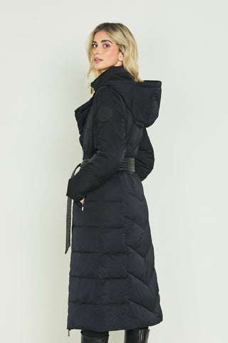 SACHIKO long-sleeved down jacket with hood plus zip and eco-leather belt