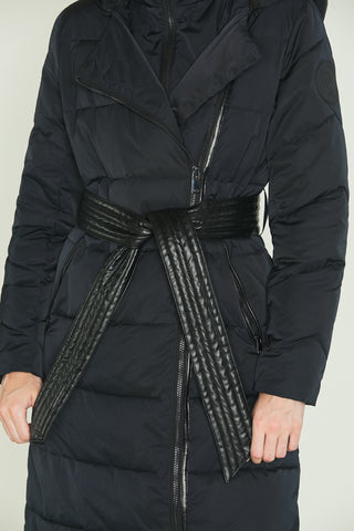 SACHIKO long-sleeved down jacket with hood plus zip and eco-leather belt