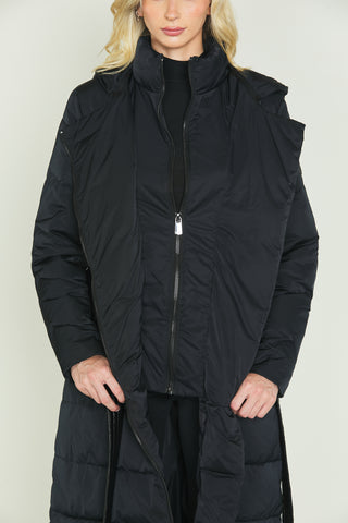 SACHIKO long-sleeved down jacket with hood plus zip and eco-leather belt