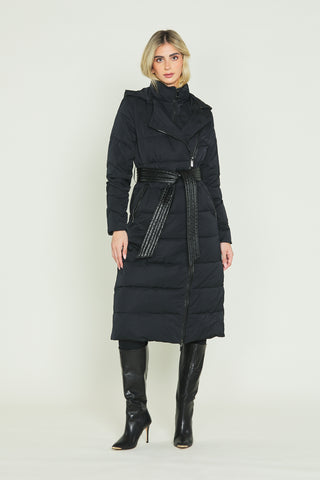 SACHIKO long-sleeved down jacket with hood plus zip and eco-leather belt