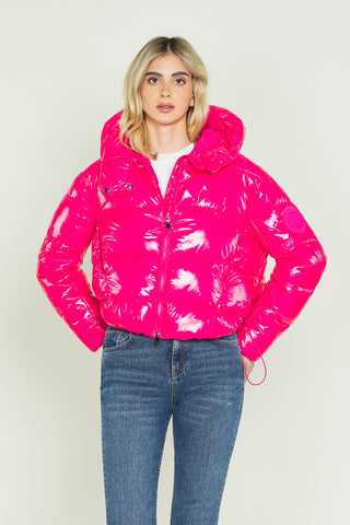 TONATIUH vinyl down jacket with asymmetric long sleeves and drawstring plus hood