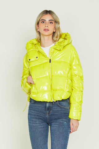 TONATIUH vinyl down jacket with asymmetric long sleeves and drawstring plus hood