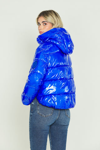 TONATIUH vinyl down jacket with asymmetric long sleeves and drawstring plus hood