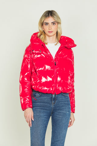 TONATIUH vinyl down jacket with asymmetric long sleeves and drawstring plus hood