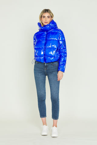 TONATIUH vinyl down jacket with asymmetric long sleeves and drawstring plus hood