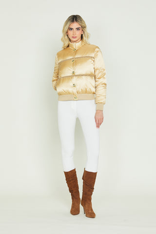 SHINOBU long-sleeved bomber jacket with button plus eco-leather insert plus chains plus satin edges