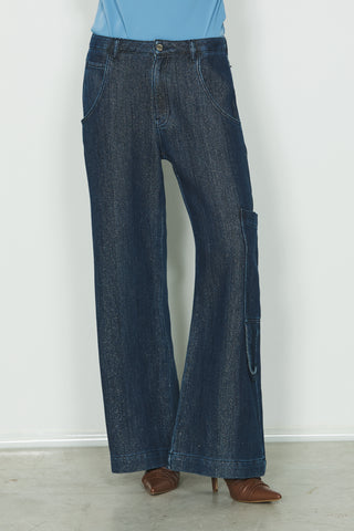 Panta VEGA_20 vita media con tascone cargo fit in blue denim più lurex