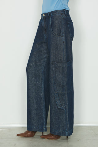 Panta VEGA_20 vita media con tascone cargo fit in blue denim più lurex