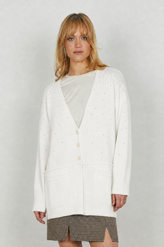 Cardigan MILOS lungo manica lunga con tasche più strass più rotture