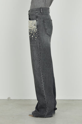 Panta GISELLE_31 v.media 5ts con perle più pietre strass loose fit denim black