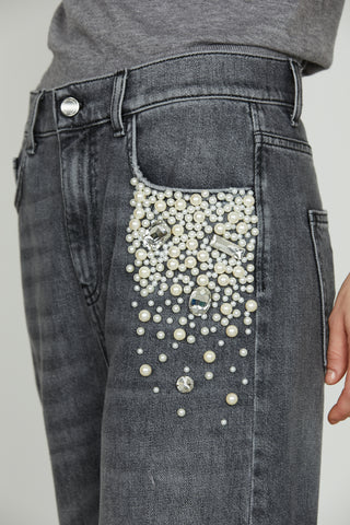 Panta GISELLE_31 v.media 5ts con perle più pietre strass loose fit denim black