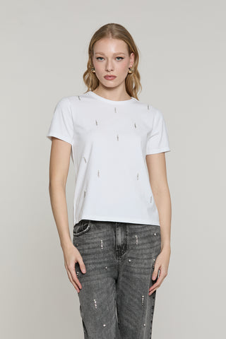 T-shirt CREW mezza manica con applicazione pioggia pietre più perle