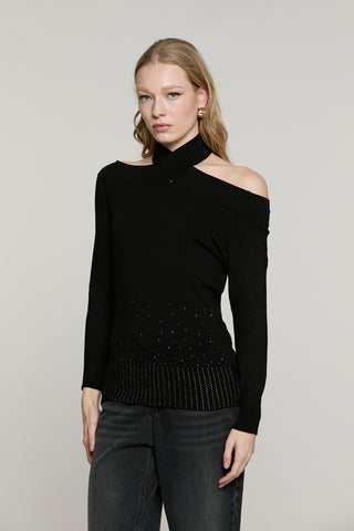 Maglia SECURAMENTE manica lunga scollo bardot con collo incrociato più strass fondo