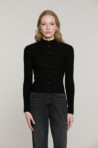 Cardigan ROCHET manica lunga colletto vulcano con strass più bott.crystal più cintura