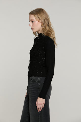 Cardigan ROCHET manica lunga colletto vulcano con strass più bott.crystal più cintura
