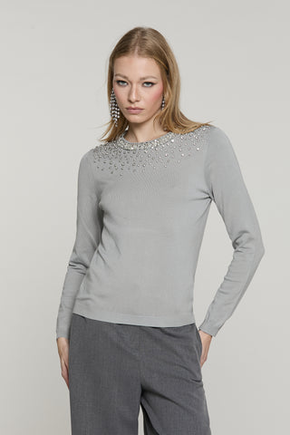Maglia JORIA manica lunga con bordo paillettes più pietre più goccia schiena