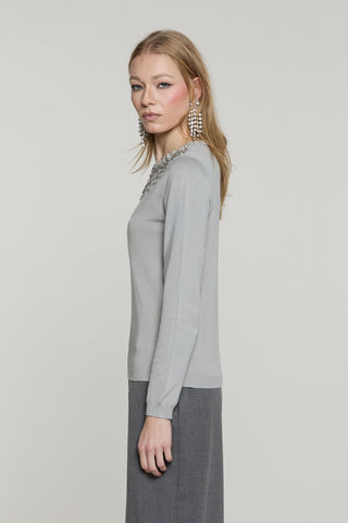 Maglia JORIA manica lunga con bordo paillettes più pietre più goccia schiena