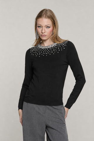 Maglia JORIA manica lunga con bordo paillettes più pietre più goccia schiena