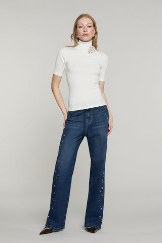 Maglia CAPRIM mezza manica collo alto con cintura fiore con strass