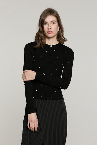 Cardigan FORD manica lunga con strass più bottone gioiello