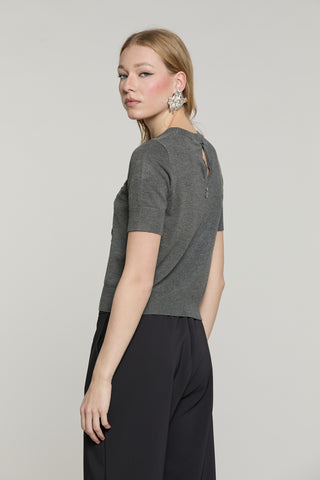 Maglia MACCIONE mezza manica con goccia schiena più ricamo paillettes più baguette