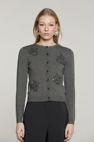 Cardigan SILVANI manica lunga girocollo con ricamo paillettes più baguette