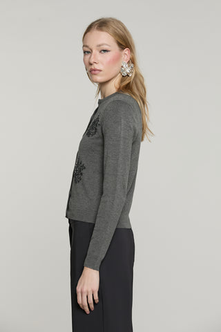 Cardigan SILVANI manica lunga girocollo con ricamo paillettes più baguette