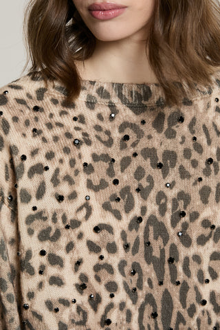 Maglia BAGLIO manica lunga collo barca fant.animalier con castoni più pietre